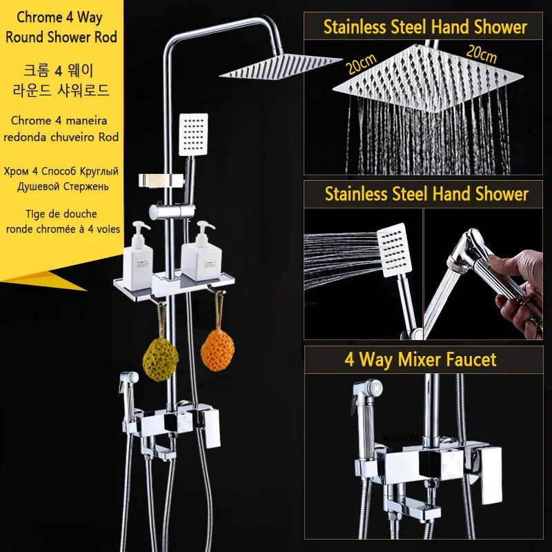 Black Rainfall Bathtub Shower Faucet Set 4 Ways with Bidet Mixer Taps Wall Mounted Brass Pressurization Rain Shower System Sets