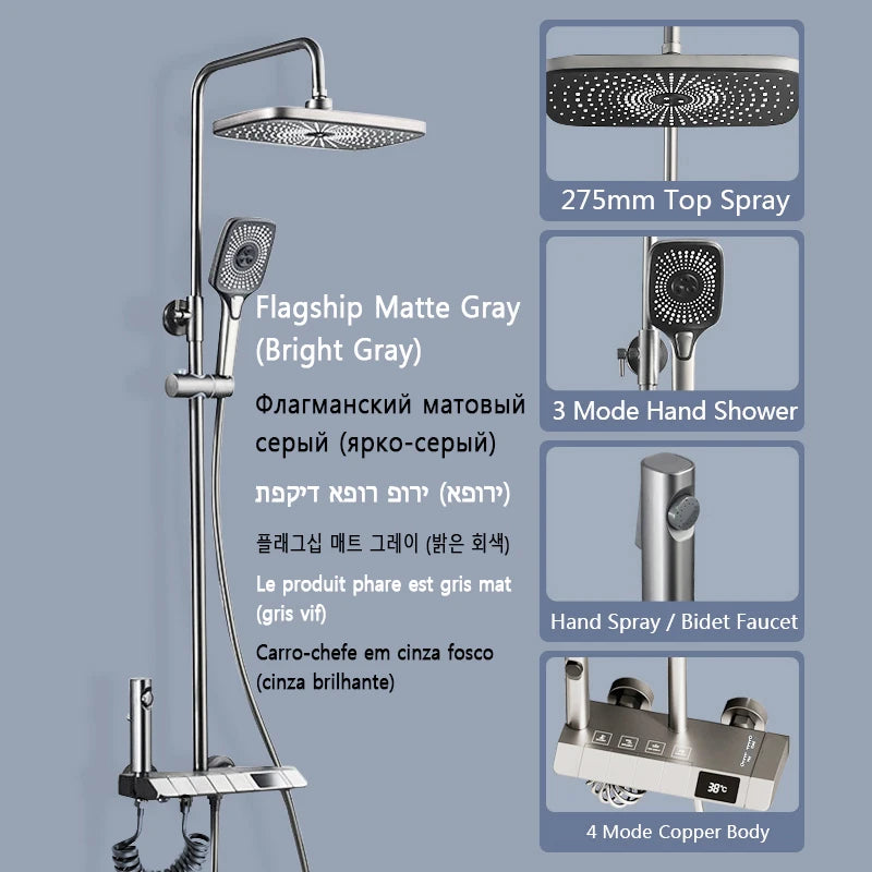 Black Shower System Set Bathroom Brass Showers Faucet Sets Digital 4 Way LED Rain Bathtub Hot Cold Piano Key Rainfall Shower Set