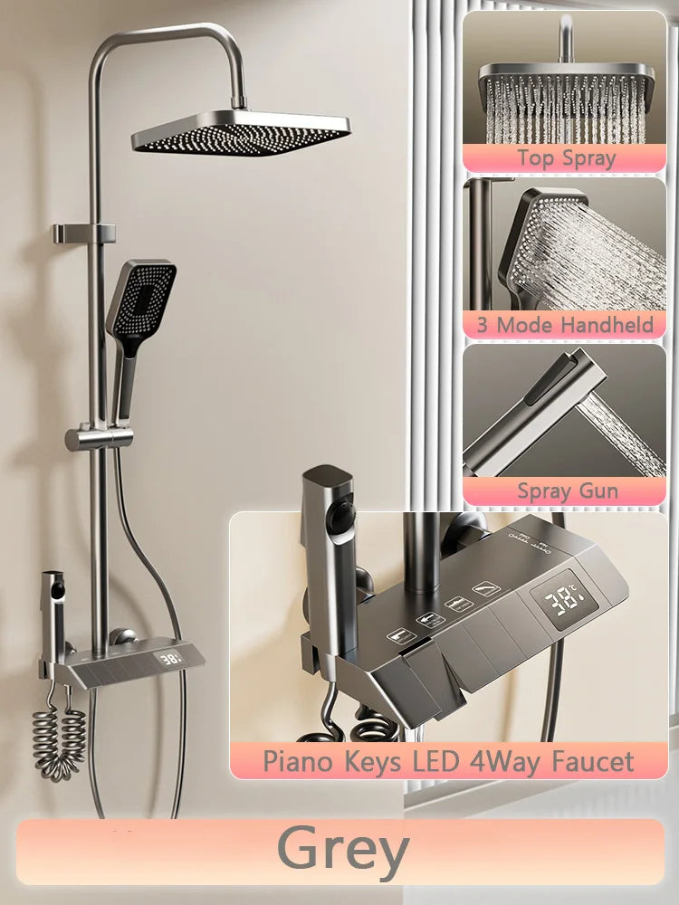 Black Shower System Set Bathroom Brass Showers Faucet Sets Digital 4 Way LED Rain Bathtub Hot Cold Piano Key Rainfall Shower Set