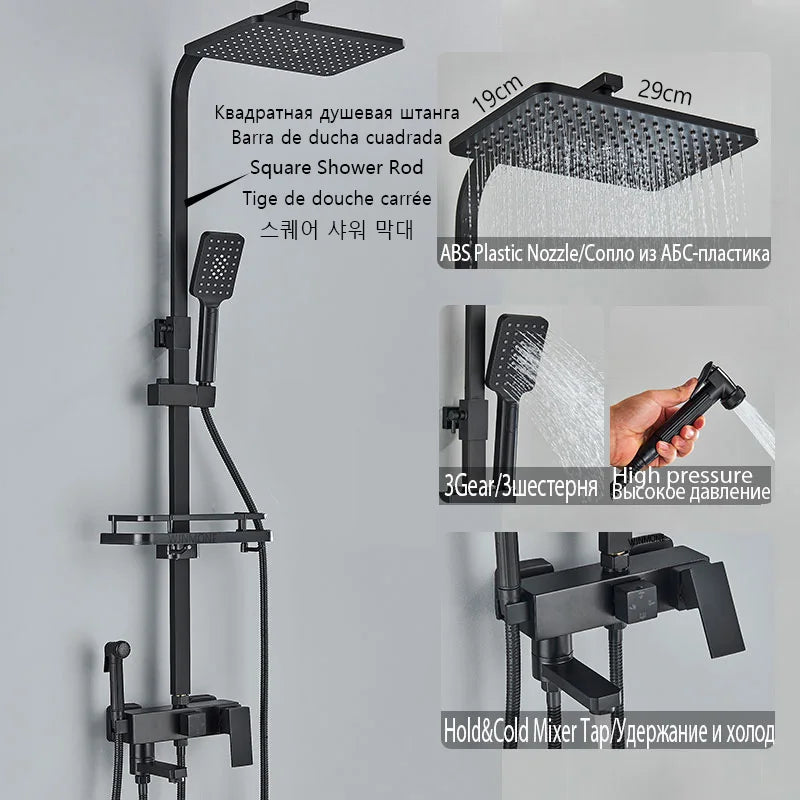 Black Rainfall Bathtub Shower Faucet Set 4 Ways with Bidet Mixer Taps Wall Mounted Brass Pressurization Rain Shower System Sets