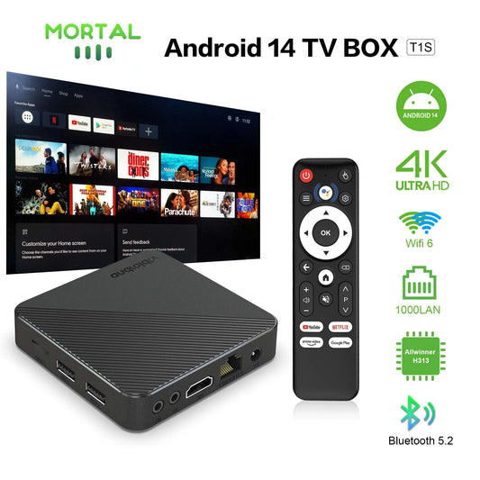 Android14 TV Box Smart Home theater T1S AllwinnerH313 Chip Quad core Wifi6 1000M Lan Bluetooth Chromecast Streaming Media Player