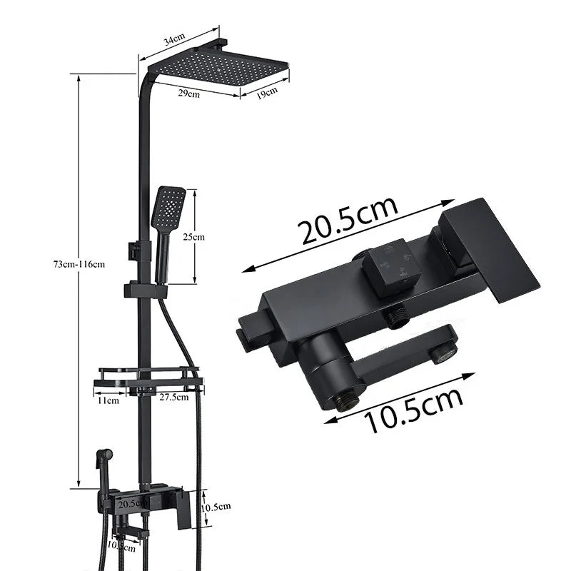 Black Rainfall Bathtub Shower Faucet Set 4 Ways with Bidet Mixer Taps Wall Mounted Brass Pressurization Rain Shower System Sets