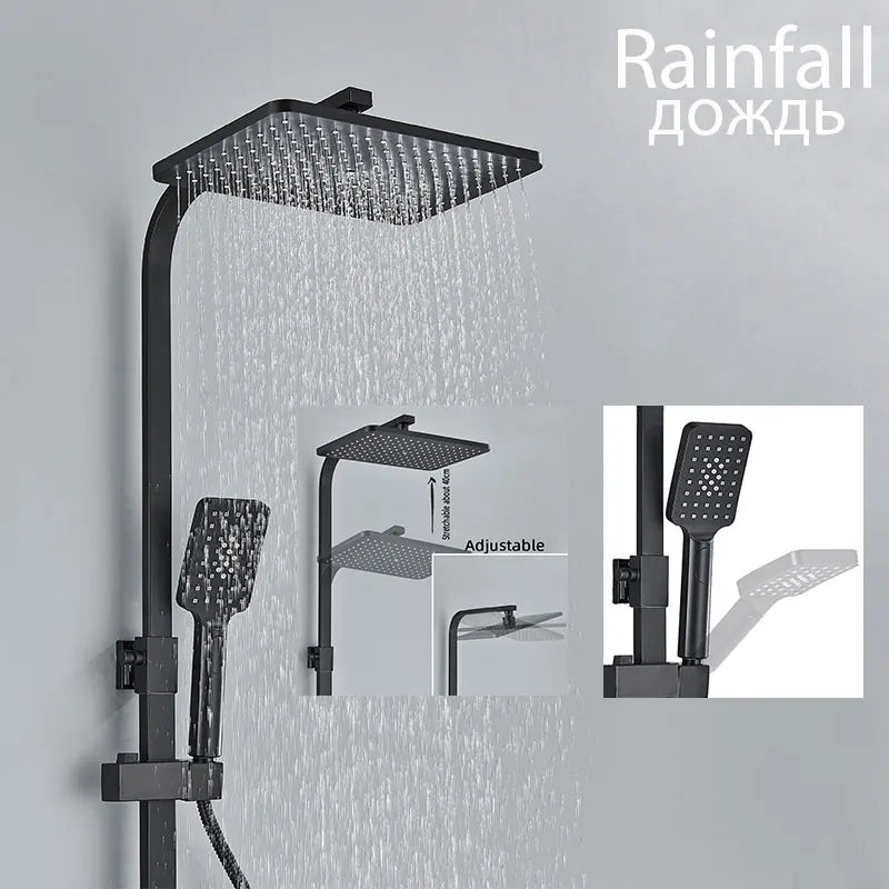 Black Rainfall Bathtub Shower Faucet Set 4 Ways with Bidet Mixer Taps Wall Mounted Brass Pressurization Rain Shower System Sets