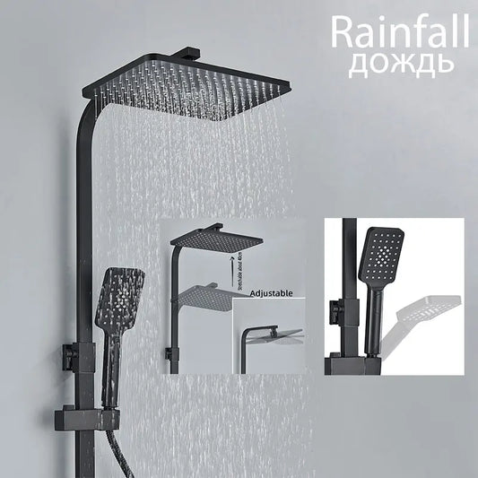 Black Rainfall Bathtub Shower Faucet Set 4 Ways with Bidet Mixer Taps Wall Mounted Brass Pressurization Rain Shower System Sets