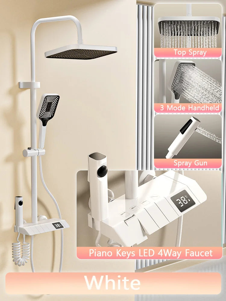 Black Shower System Set Bathroom Brass Showers Faucet Sets Digital 4 Way LED Rain Bathtub Hot Cold Piano Key Rainfall Shower Set