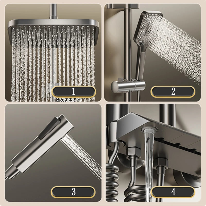 Black Shower System Set Bathroom Brass Showers Faucet Sets Digital 4 Way LED Rain Bathtub Hot Cold Piano Key Rainfall Shower Set