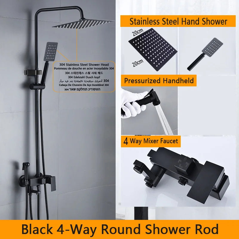 Black Rainfall Bathtub Shower Faucet Set 4 Ways with Bidet Mixer Taps Wall Mounted Brass Pressurization Rain Shower System Sets